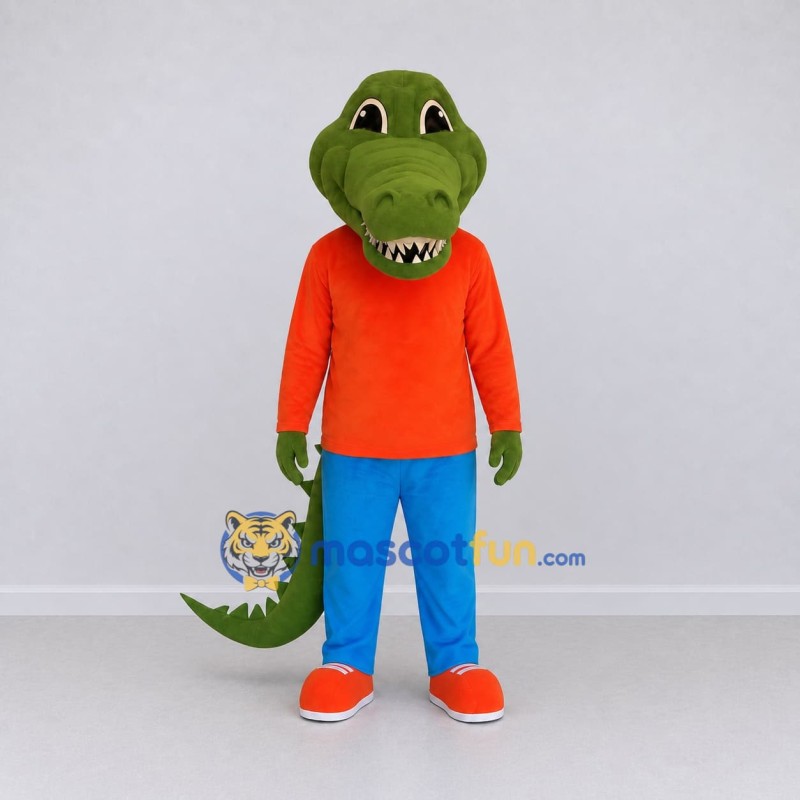 Custom Green and Orange Crocodile in Casual Clothes Mascot Costume Adult Full Body Suit for School Events Custom Green and Orange Crocodile in Casual Clothes Mascot Costume Adult Full Body Suit for School Events