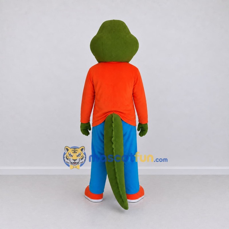 Custom Green and Orange Crocodile in Casual Clothes Mascot Costume Adult Full Body Suit for School Events Custom Green and Orange Crocodile in Casual Clothes Mascot Costume Adult Full Body Suit for School Events