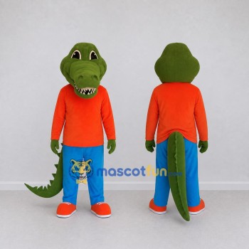 Custom Green and Orange Crocodile in Casual Clothes Mascot Costume Adult Full Body Suit for School Events