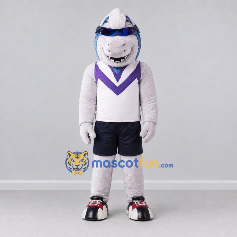 Custom Blue and White Shark in Sportswear Mascot Costume Adult Full Body Suit for Sports Events Custom Blue and White Shark in Sportswear Mascot Costume Adult Full Body Suit for Sports Events