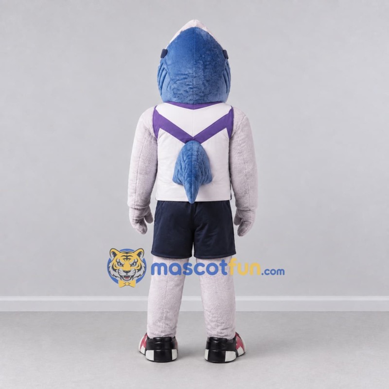 Custom Blue and White Shark in Sportswear Mascot Costume Adult Full Body Suit for Sports Events Custom Blue and White Shark in Sportswear Mascot Costume Adult Full Body Suit for Sports Events