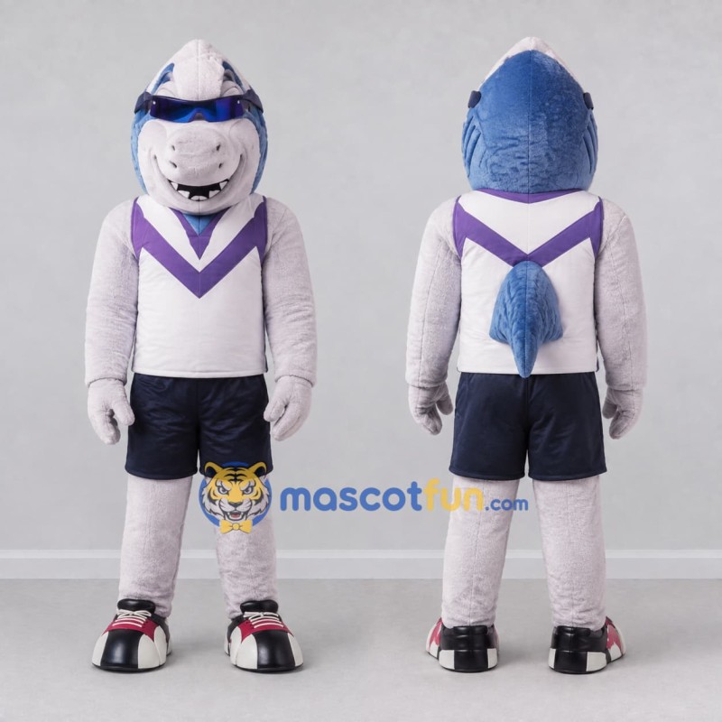 Custom Blue and White Shark in Sportswear Mascot Costume Adult Full Body Suit for Sports Events Custom Blue and White Shark in Sportswear Mascot Costume Adult Full Body Suit for Sports Events