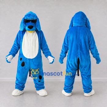 Custom Blue and White Spotted Dog with Sunglasses Mascot Costume Adult Full Body Suit for School Events