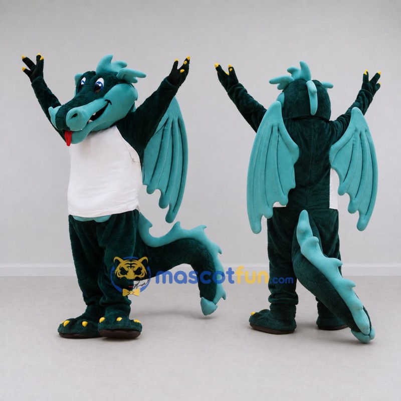 Custom Teal and White Winged Dragon in a Shirt Mascot Costume Adult Full Body Suit for Theme Parties Custom Teal and White Winged Dragon in a Shirt Mascot Costume Adult Full Body Suit for Theme Parties