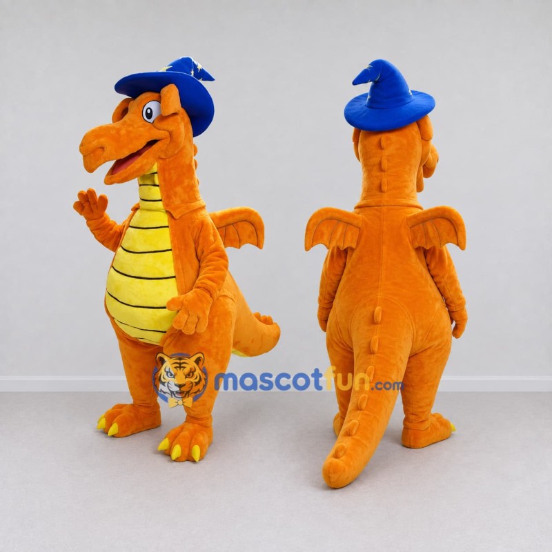 Custom Orange and Blue Wizard Dragon Mascot Costume Adult Full Body Suit for Theme Parties Custom Orange and Blue Wizard Dragon Mascot Costume Adult Full Body Suit for Theme Parties