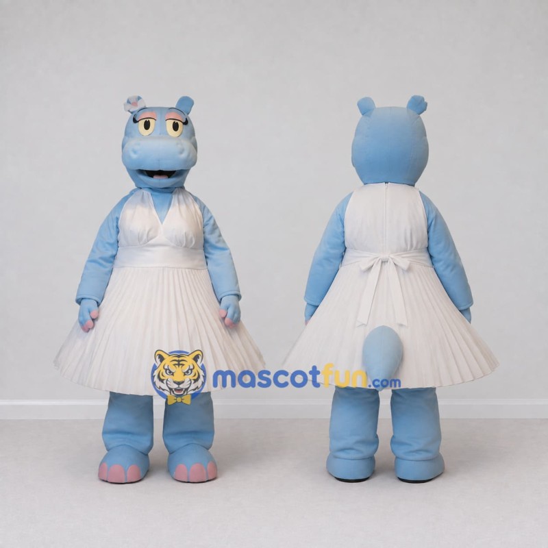 Custom Light Blue and White Hippo in a Dress Mascot Costume Adult Full Body Suit for Dance Events Custom Light Blue and White Hippo in a Dress Mascot Costume Adult Full Body Suit for Dance Events