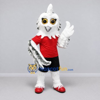 Custom White and Red Snowy Owl Character in Sportswear Mascot Costume Adult Full Body Suit for Sports Events