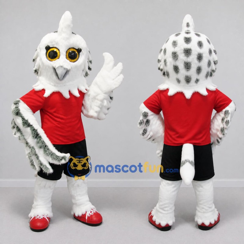 Custom White and Red Snowy Owl Character in Sportswear Mascot Costume Adult Full Body Suit for Sports Events Custom White and Red Snowy Owl Character in Sportswear Mascot Costume Adult Full Body Suit for Sports Events