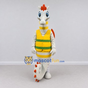 Custom White and Yellow Seahorse Character in a Vest Mascot Costume Adult Full Body Suit for Ocean Events Custom White and Yellow Seahorse Character in a Vest Mascot Costume Adult Full Body Suit for Ocean Events