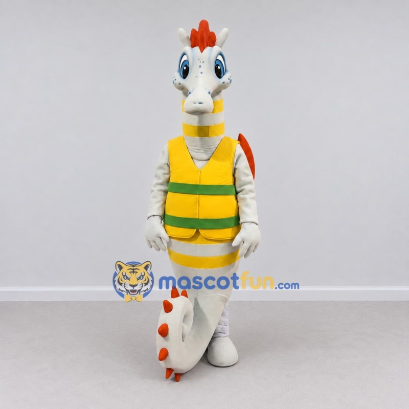 Custom White and Yellow Seahorse Character in a Vest Mascot Costume Adult Full Body Suit for Ocean Events Custom White and Yellow Seahorse Character in a Vest Mascot Costume Adult Full Body Suit for Ocean Events