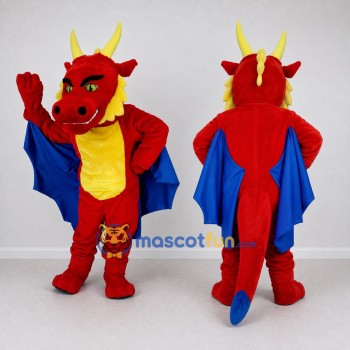 Custom Red and Yellow Horned Winged Dragon Mascot Costume Adult Full Body Suit for Theme Parties