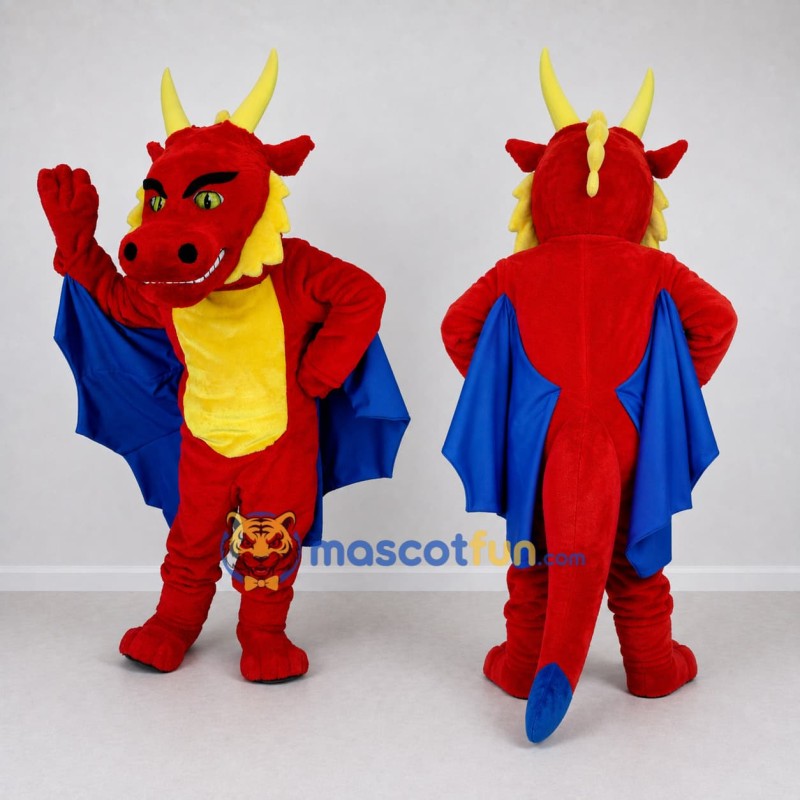 Custom Red and Yellow Horned Winged Dragon Mascot Costume Adult Full Body Suit for Theme Parties Custom Red and Yellow Horned Winged Dragon Mascot Costume Adult Full Body Suit for Theme Parties