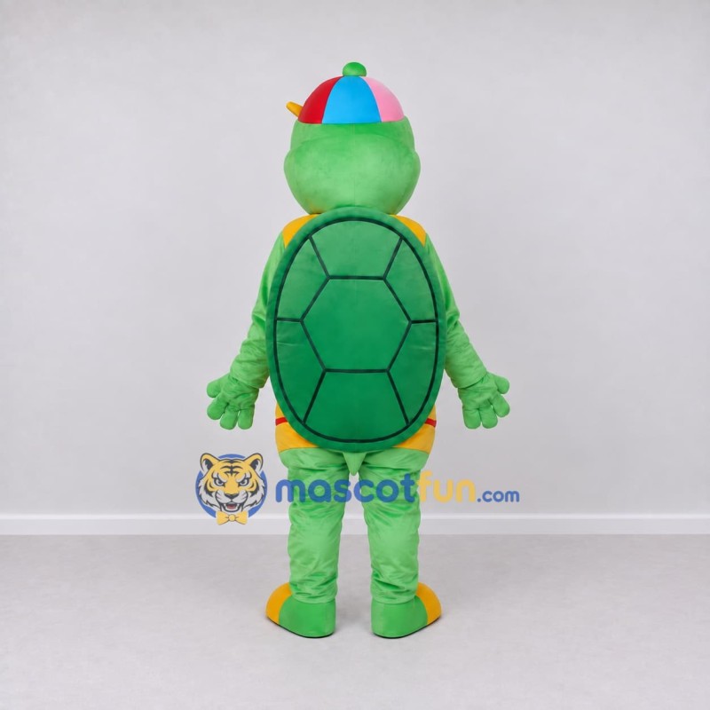 Custom Green and Yellow Turtle Character with a Cap Mascot Costume Adult Full Body Suit for School Events Custom Green and Yellow Turtle Character with a Cap Mascot Costume Adult Full Body Suit for School Events