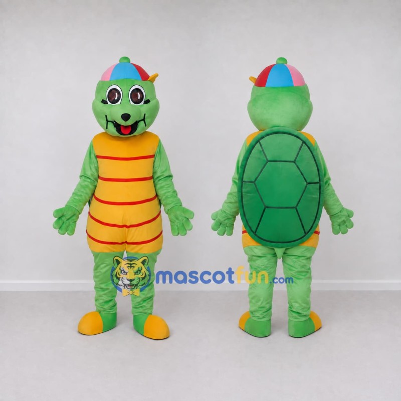 Custom Green and Yellow Turtle Character with a Cap Mascot Costume Adult Full Body Suit for School Events Custom Green and Yellow Turtle Character with a Cap Mascot Costume Adult Full Body Suit for School Events