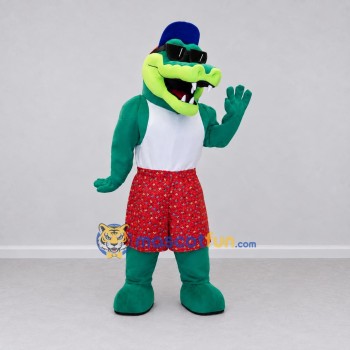 Custom Green and Red Crocodile in Shorts and a Cap Mascot Costume Adult Full Body Suit for Summer Events Custom Green and Red Crocodile in Shorts and a Cap Mascot Costume Adult Full Body Suit for Summer Events