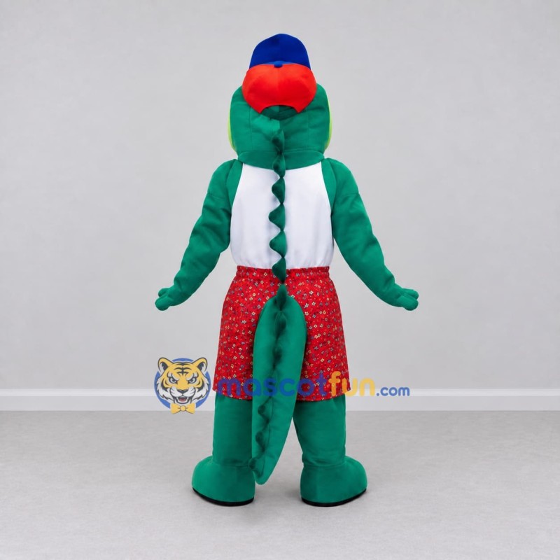 Custom Green and Red Crocodile in Shorts and a Cap Mascot Costume Adult Full Body Suit for Summer Events Custom Green and Red Crocodile in Shorts and a Cap Mascot Costume Adult Full Body Suit for Summer Events
