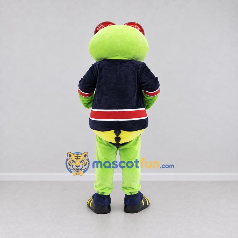 Custom Light Green and Navy Blue Frog Character in Sportswear Mascot Costume Adult Full Body Suit for Sports Events Custom Light Green and Navy Blue Frog Character in Sportswear Mascot Costume Adult Full Body Suit for Sports Events