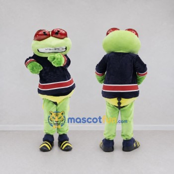 Custom Light Green and Navy Blue Frog Character in Sportswear Mascot Costume Adult Full Body Suit for Sports Events