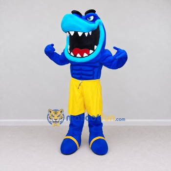 Custom Blue and Yellow Muscular Shark Character Mascot Costume Adult Full Body Suit for Sports Events Custom Blue and Yellow Muscular Shark Character Mascot Costume Adult Full Body Suit for Sports Events