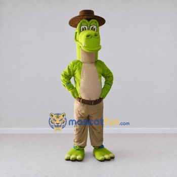 Custom Green and Tan Dinosaur Character in a Hat and Pants Mascot Costume Adult Full Body Suit for Theme Parties