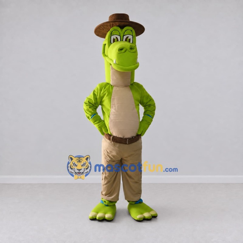 Custom Green and Tan Dinosaur Character in a Hat and Pants Mascot Costume Adult Full Body Suit for Theme Parties Custom Green and Tan Dinosaur Character in a Hat and Pants Mascot Costume Adult Full Body Suit for Theme Parties