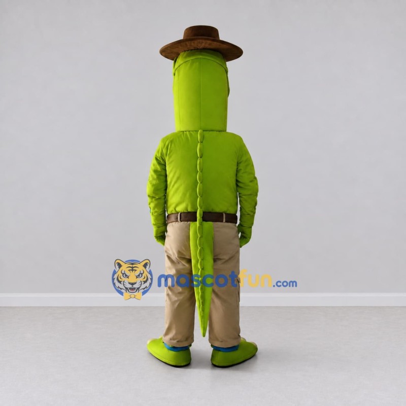 Custom Green and Tan Dinosaur Character in a Hat and Pants Mascot Costume Adult Full Body Suit for Theme Parties Custom Green and Tan Dinosaur Character in a Hat and Pants Mascot Costume Adult Full Body Suit for Theme Parties