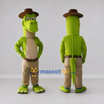 Custom Green and Tan Dinosaur Character in a Hat and Pants Mascot Costume Adult Full Body Suit for Theme Parties