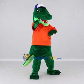 Custom Green and Orange Crocodile in a Shirt and Cap Mascot Costume Adult Full Body Suit for School Events Custom Green and Orange Crocodile in a Shirt and Cap Mascot Costume Adult Full Body Suit for School Events