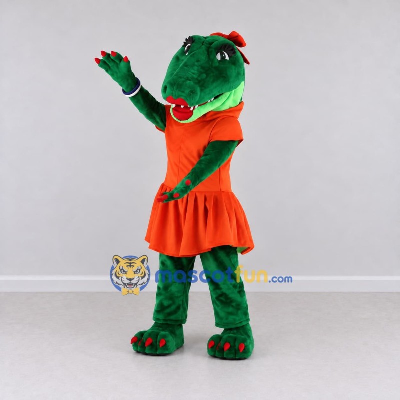 Custom Green and Orange Crocodile in a Dress Mascot Costume Adult Full Body Suit for School Events Custom Green and Orange Crocodile in a Dress Mascot Costume Adult Full Body Suit for School Events