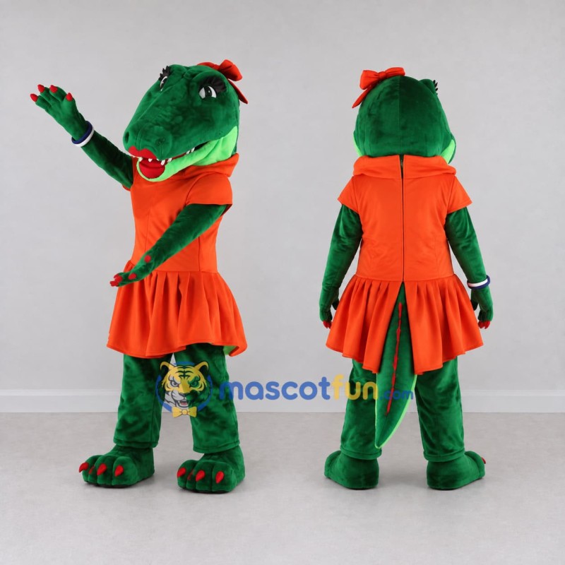 Custom Green and Orange Crocodile in a Dress Mascot Costume Adult Full Body Suit for School Events Custom Green and Orange Crocodile in a Dress Mascot Costume Adult Full Body Suit for School Events