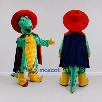 Custom Green and Red Crocodile in a Hat and Cape Mascot Costume Adult Full Body Suit for Theme Parties