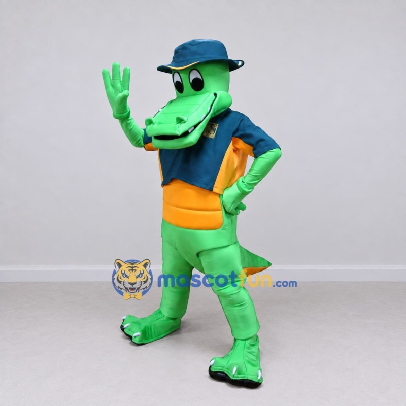 Custom Green and Blue Crocodile in a Hat and Jacket Mascot Costume Adult Full Body Suit for Theme Parties Custom Green and Blue Crocodile in a Hat and Jacket Mascot Costume Adult Full Body Suit for Theme Parties
