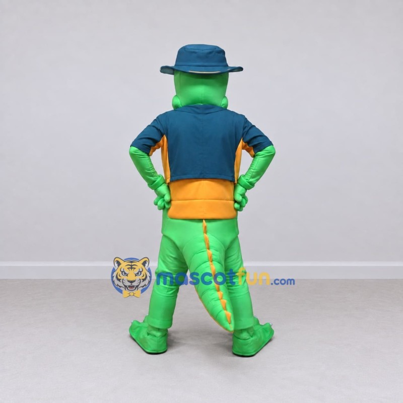 Custom Green and Blue Crocodile in a Hat and Jacket Mascot Costume Adult Full Body Suit for Theme Parties Custom Green and Blue Crocodile in a Hat and Jacket Mascot Costume Adult Full Body Suit for Theme Parties