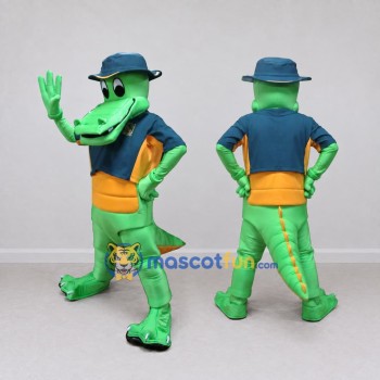 Custom Green and Blue Crocodile in a Hat and Jacket Mascot Costume Adult Full Body Suit for Theme Parties