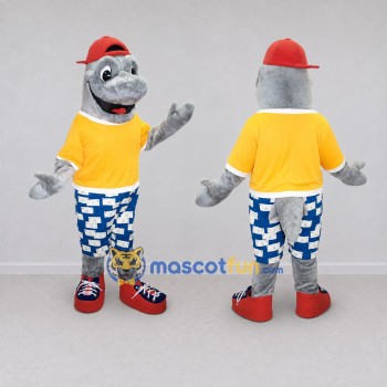 Custom Gray and Yellow Marine Animal Character in Casual Clothes Mascot Costume Adult Full Body Suit for Ocean Events