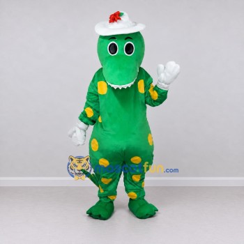 Custom Green and Yellow Dinosaur Character with a Hat Mascot Costume Adult Full Body Suit for School Events Custom Green and Yellow Dinosaur Character with a Hat Mascot Costume Adult Full Body Suit for School Events