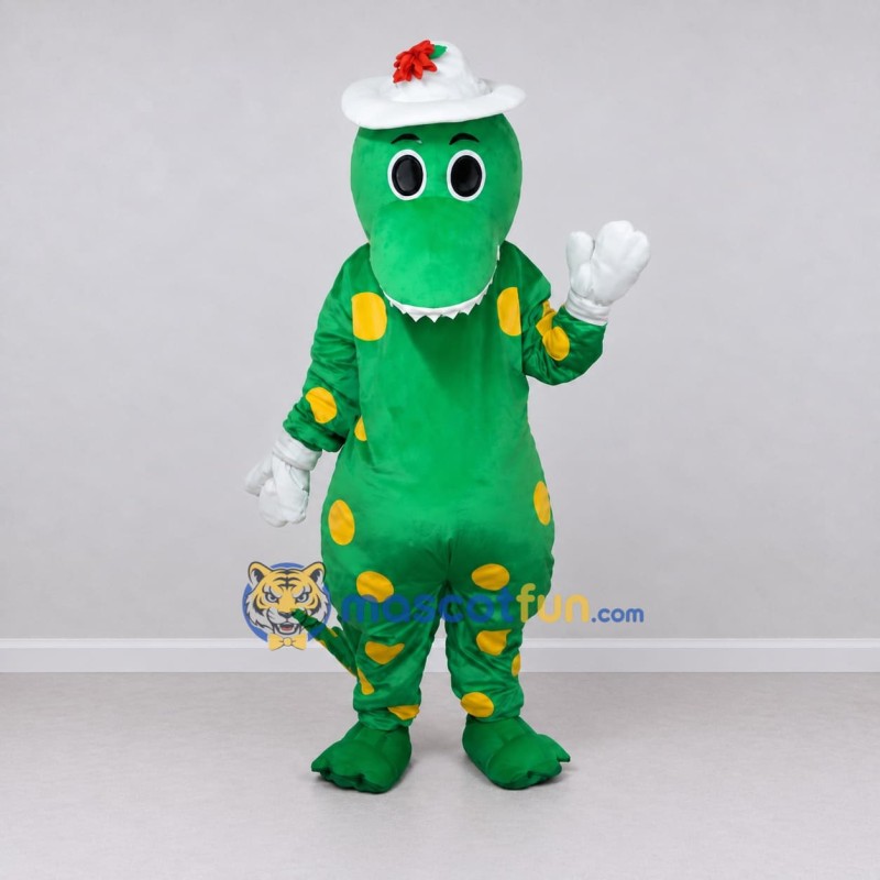 Custom Green and Yellow Dinosaur Character with a Hat Mascot Costume Adult Full Body Suit for School Events Custom Green and Yellow Dinosaur Character with a Hat Mascot Costume Adult Full Body Suit for School Events