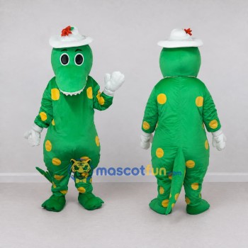 Custom Green and Yellow Dinosaur Character with a Hat Mascot Costume Adult Full Body Suit for School Events