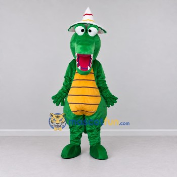 Custom Green and Yellow Crocodile with a Party Hat Mascot Costume Adult Full Body Suit for Theme Parties Custom Green and Yellow Crocodile with a Party Hat Mascot Costume Adult Full Body Suit for Theme Parties