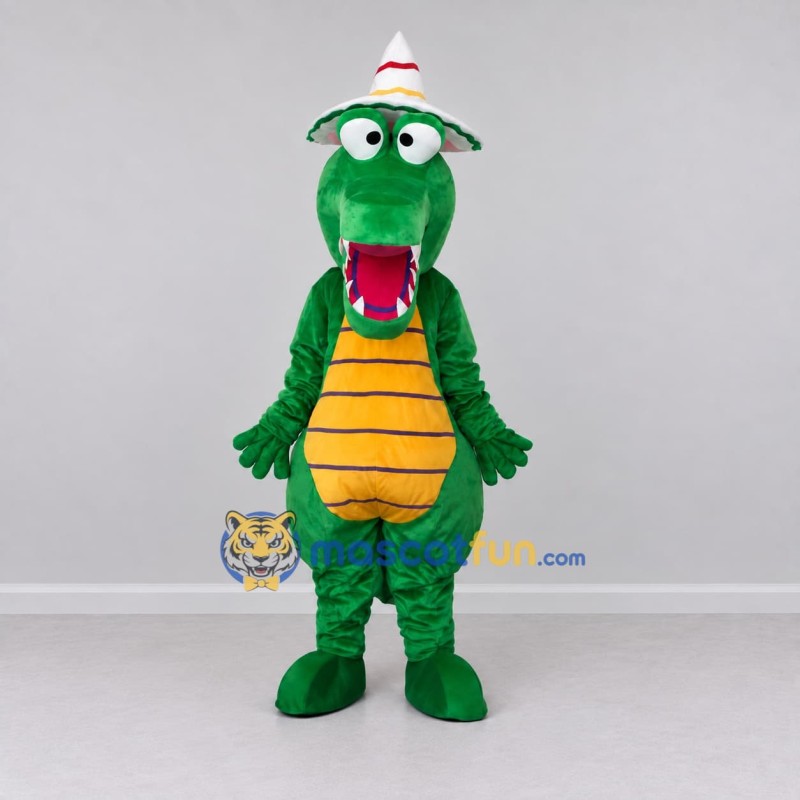 Custom Green and Yellow Crocodile with a Party Hat Mascot Costume Adult Full Body Suit for Theme Parties Custom Green and Yellow Crocodile with a Party Hat Mascot Costume Adult Full Body Suit for Theme Parties