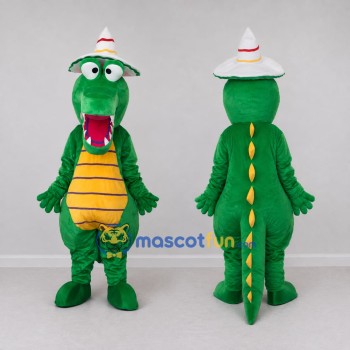 Custom Green and Yellow Crocodile with a Party Hat Mascot Costume Adult Full Body Suit for Theme Parties