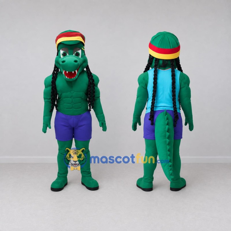 Custom Green and Purple Crocodile with a Striped Hat Mascot Costume Adult Full Body Suit for Theme Parties Custom Green and Purple Crocodile with a Striped Hat Mascot Costume Adult Full Body Suit for Theme Parties
