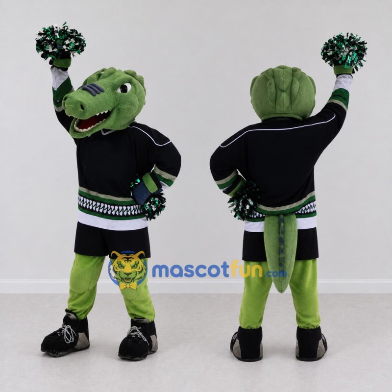 Custom Green and Black Crocodile Cheerleader Mascot Costume Adult Full Body Suit for Sports Events Custom Green and Black Crocodile Cheerleader Mascot Costume Adult Full Body Suit for Sports Events