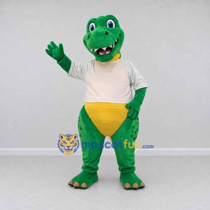 Custom Green and White Crocodile Character in a Shirt Mascot Costume Adult Full Body Suit for School Events Custom Green and White Crocodile Character in a Shirt Mascot Costume Adult Full Body Suit for School Events