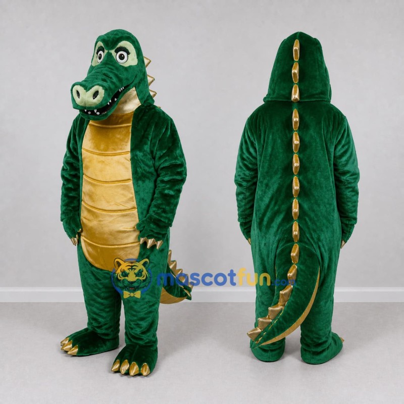 Custom Dark Green and Gold Crocodile Character Mascot Costume Adult Full Body Suit for Wildlife Events