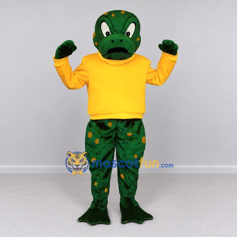 Custom Green and Yellow Frog Character in a Shirt Mascot Costume Adult Full Body Suit for School Events Custom Green and Yellow Frog Character in a Shirt Mascot Costume Adult Full Body Suit for School Events