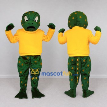 Custom Green and Yellow Frog Character in a Shirt Mascot Costume Adult Full Body Suit for School Events