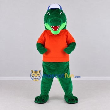Custom Green and Orange Crocodile in a Shirt and Cap Mascot Costume Adult Full Body Suit for School Events Custom Green and Orange Crocodile in a Shirt and Cap Mascot Costume Adult Full Body Suit for School Events