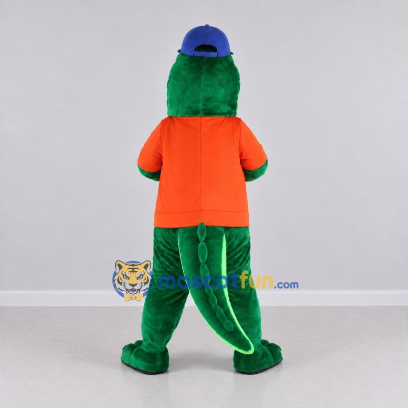 Custom Green and Orange Crocodile in a Shirt and Cap Mascot Costume Adult Full Body Suit for School Events Custom Green and Orange Crocodile in a Shirt and Cap Mascot Costume Adult Full Body Suit for School Events