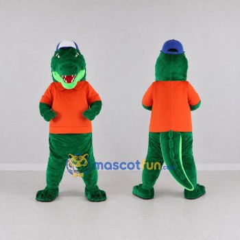 Custom Green and Orange Crocodile in a Shirt and Cap Mascot Costume Adult Full Body Suit for School Events